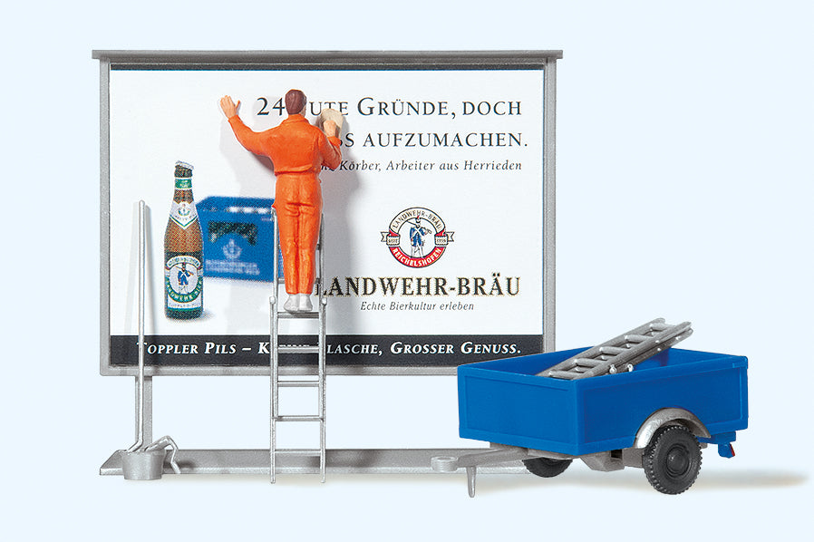 Preiser Worker on Ladder Applying Billboard Exclusive Figure Set PR10526