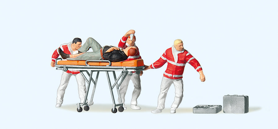 Preiser Paramedics (3) with Injured on Trolley Exclusive Figure Set PR10532