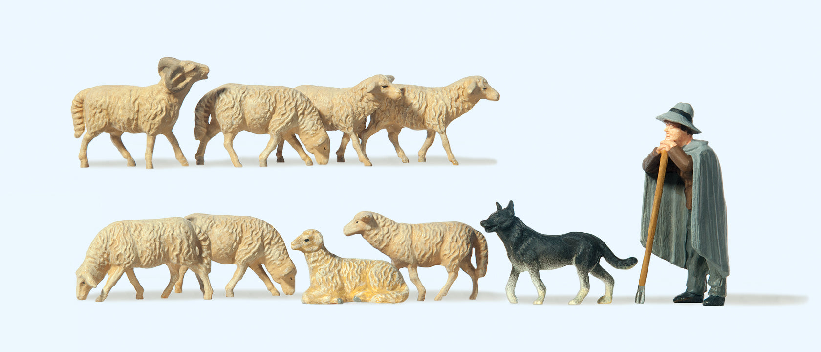 Preiser Sheep (8) Sheepdog and Shepherd Figure Set PR65325