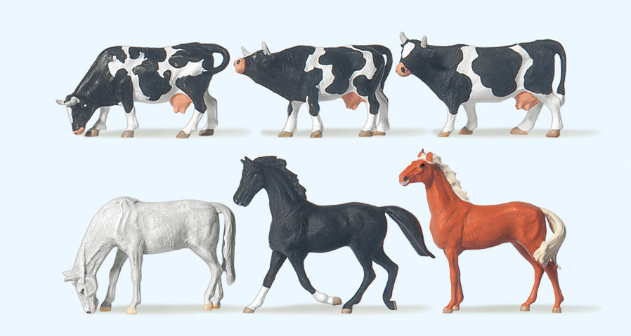 Preiser Horses (3) and Cows (3) Figure Set PR75019