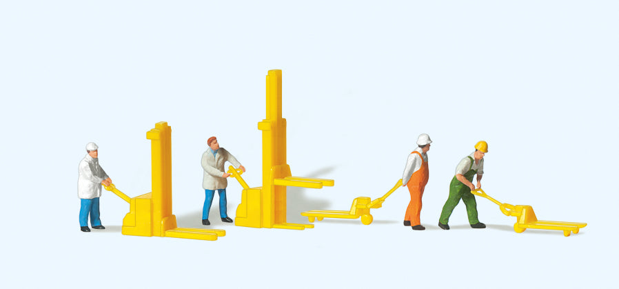 Preiser Warehouse Workers (4) w/Pallet Trucks/Forklifts Figure Set PR79082