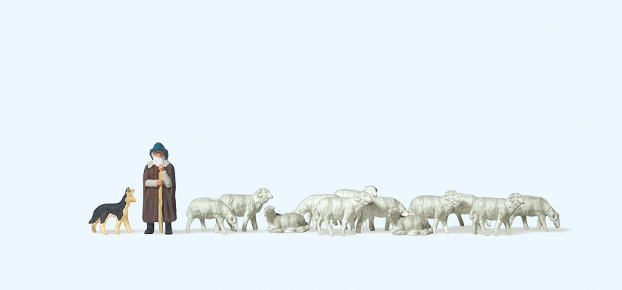 Preiser Shepherd with Sheep and Sheepdog Figure Set PR79160