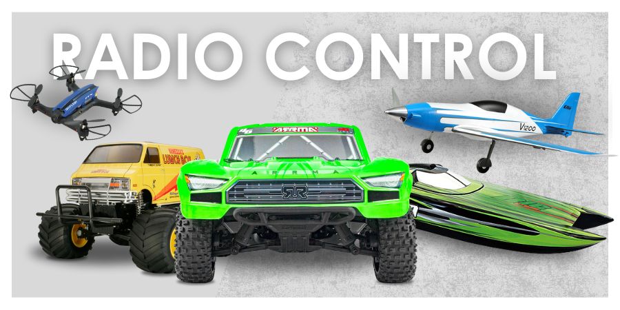 Image portraying radio control cars, a boat, a plane and a drone