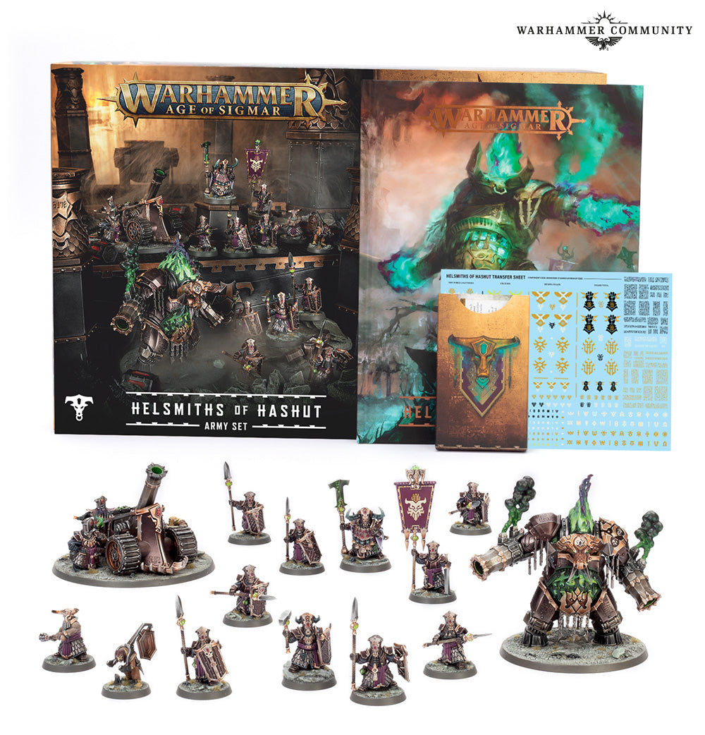 Warhammer Age of Sigmar Helsmiths of Hashut army set with packaging and figures.