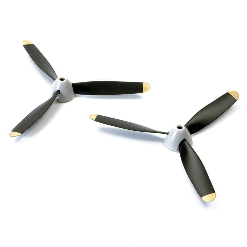 Two black and gold propellers on a white background