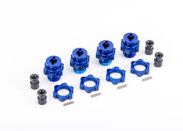 Wheel hubs, splined, 17mm, short (Blue-anodised) (4) / wheel nuts, splined, 17mm (Blue-anodised) (4) / hub retainer M4 X 0.7 (4) / axle pin (4) (for use with #9080 upgrade kit)