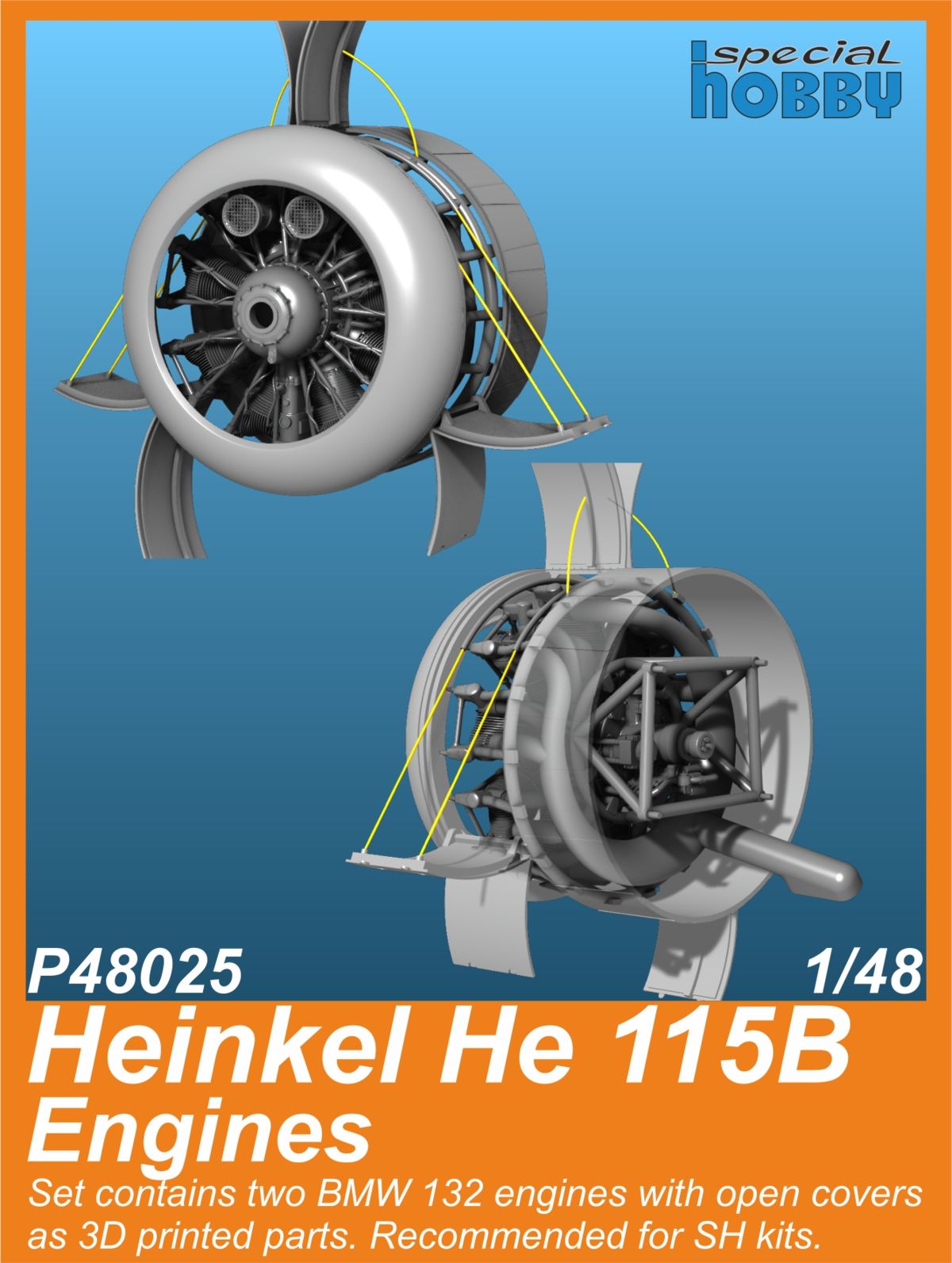 Heinkel He-115A Engines (designed to be used with Special Hobby kits) 3D-printed and highly detailed BMW 132 engines with open cover panels, made for Special Hobby’s Heinkel He 115A kits.