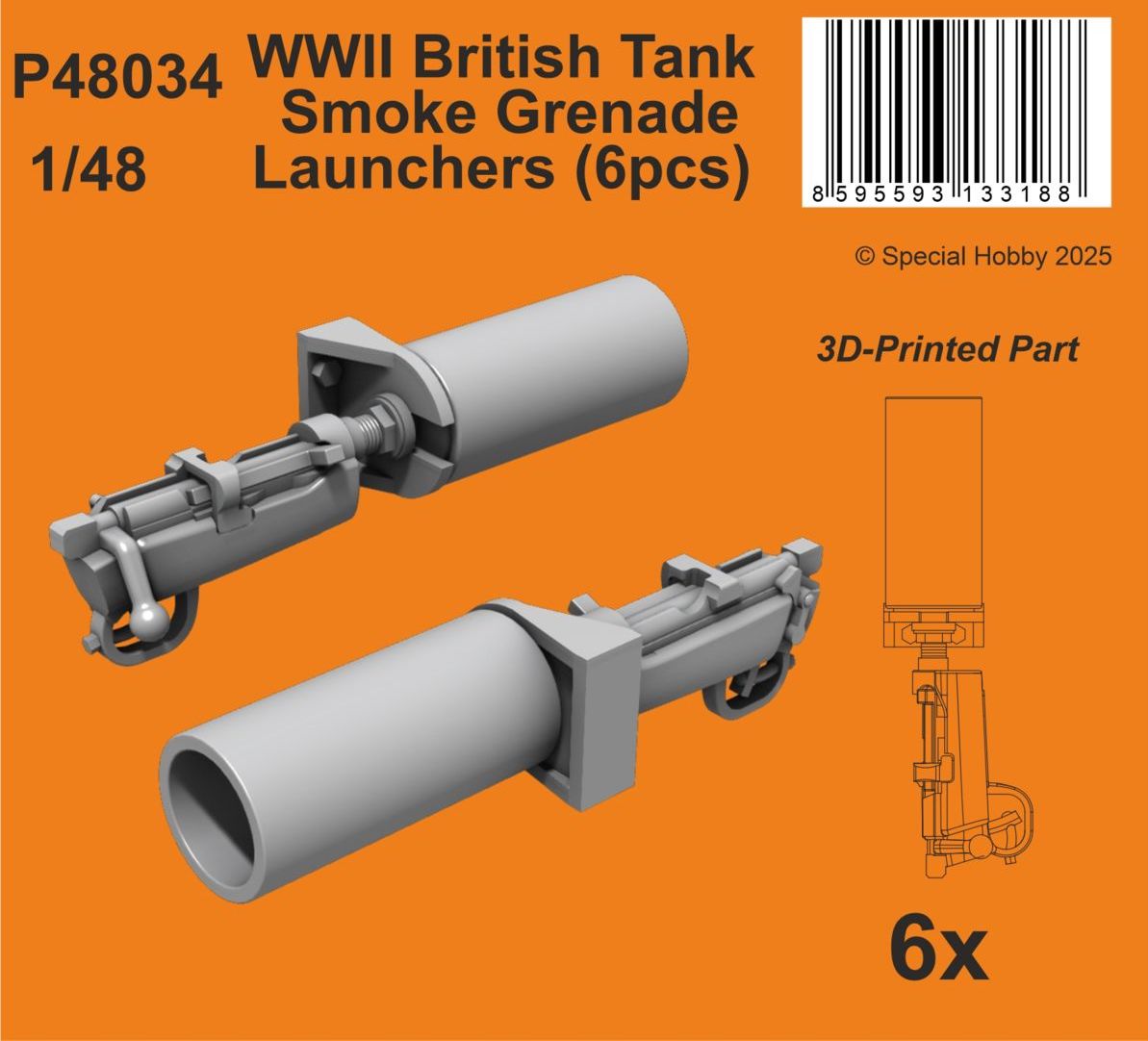 WWII British Tank Smoke Granade Launchers 1/48 (4 pcs) British Smoke Grenade Launchers of rather characteristic shape are now replicated using a 3D printer. These launchers were used on British tanks as well as on many other vehicles.
