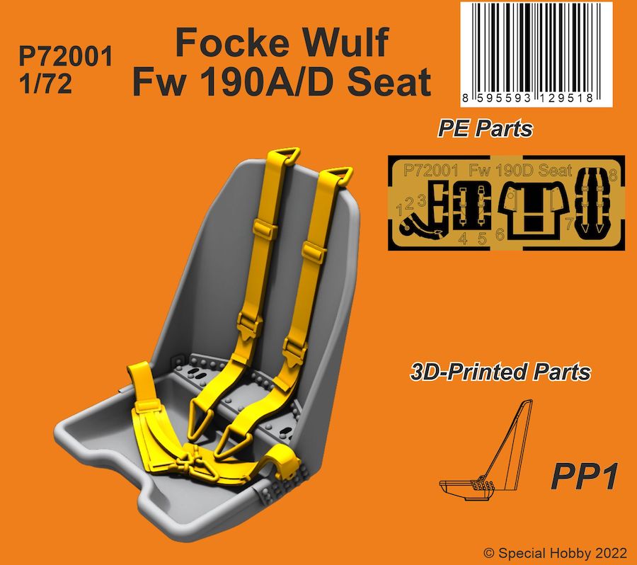 Focke-Wulf Fw-190A/D Seat. Superbly printed pilot's seat with nice and sharp edges, mainly designed for the new IBG Fw-190D model . Comes with etched side armour plates and hood winding wheel which is missing in the kit. (designed tone used with IBG kits)