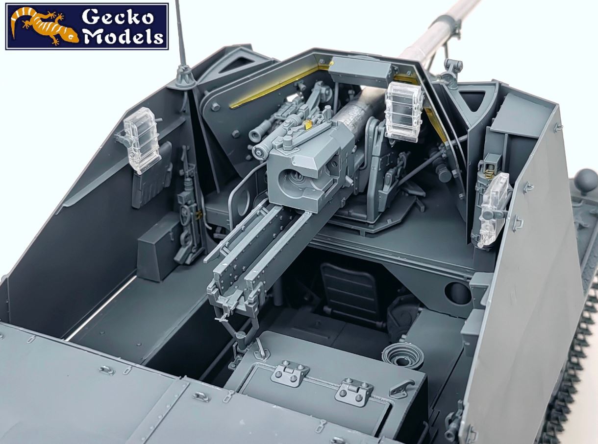 Model of a military vehicle with detailed interior and Gecko Models logo.