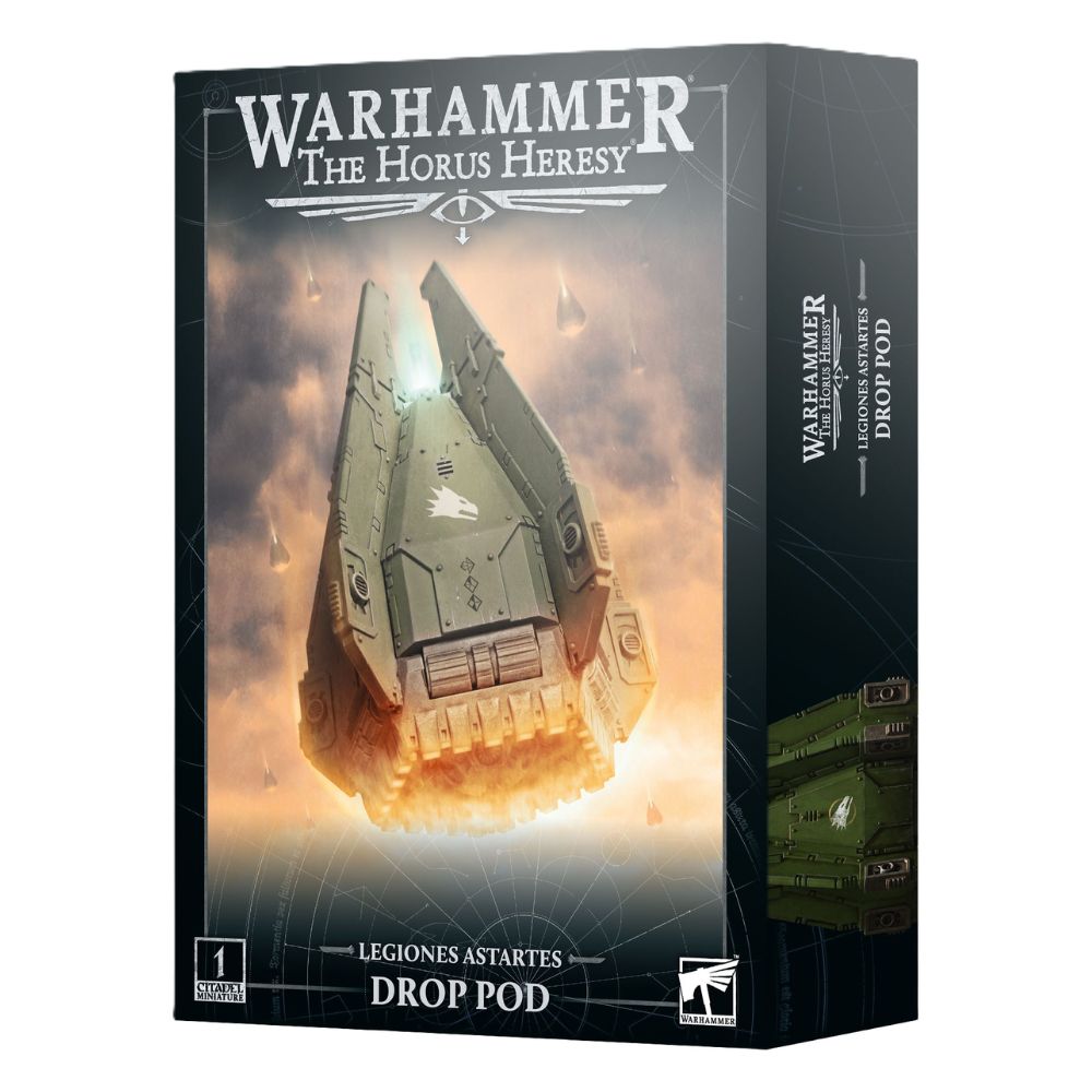 Warhammer The Horus Heresy game box with a drop pod on fire