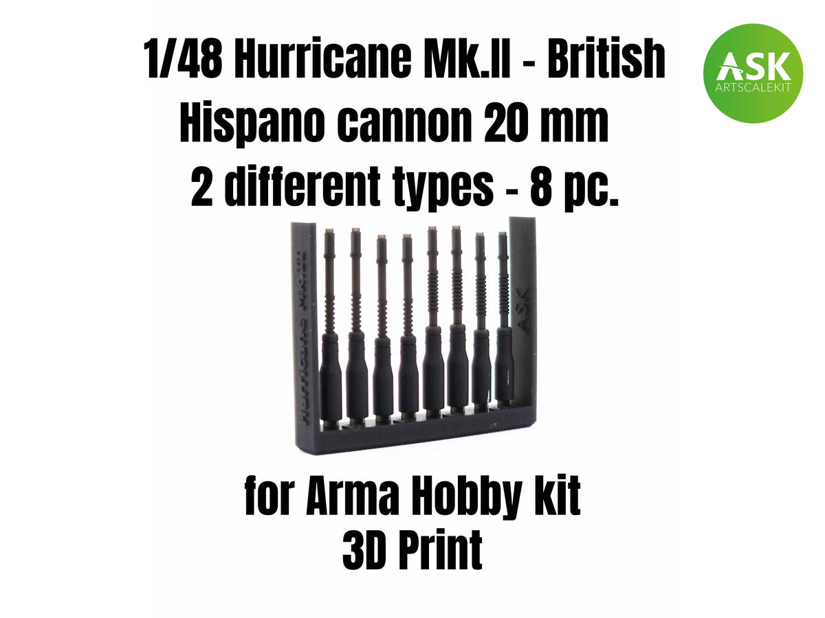BACK IN STOCK!!! Hawker Hurricane Mk.IIC - 8 pcs - 2 types of British Hispano canons cal. 20mm (designed to be used with Arma Hobby kits) - enough for two models 3d-Printed