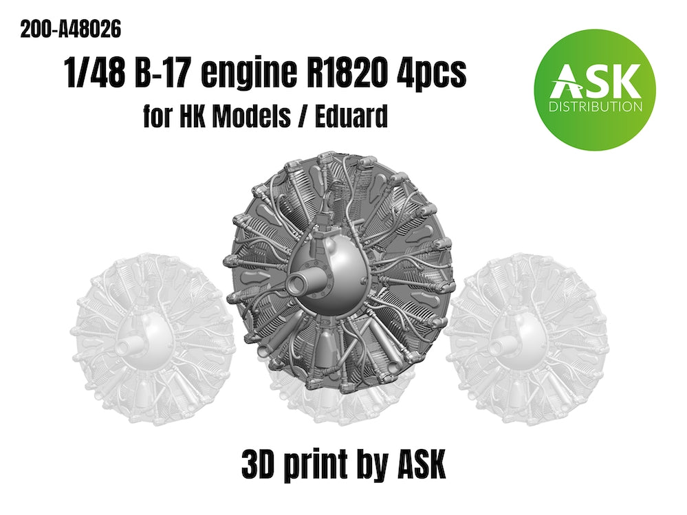 Wright R-1820 - 4 pc. engine kit for Boeing B-17 Flying Fortress (designed to be used with Hong Kong Model kits)- (3D-Printed) High quality 3D printing. This kit can also be applied to other manufacturers' models such as Monogram and Revell.