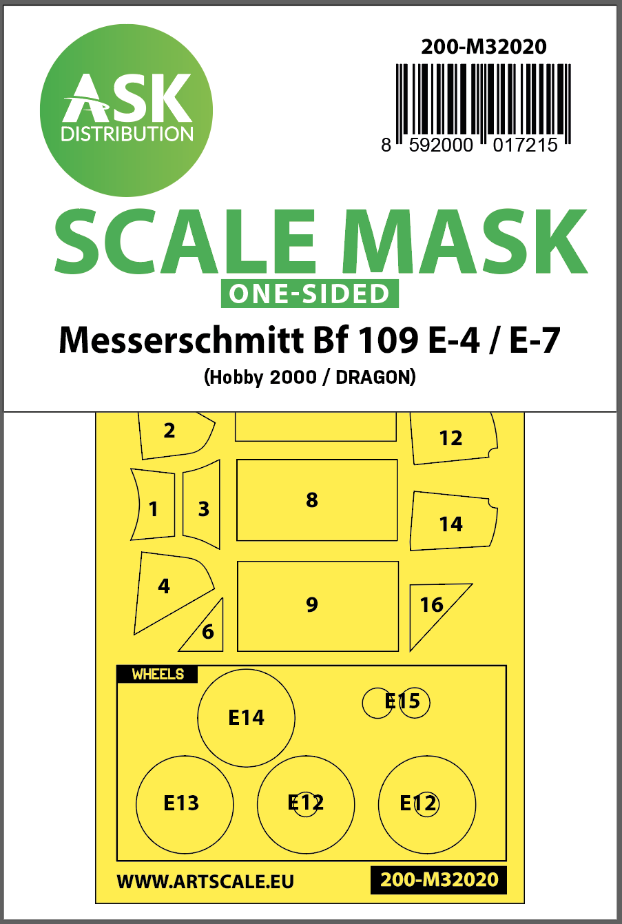 Messerschmitt Bf-109E-4 & Bf-109E-7 wheels and canopy frame paint masks (outside only) (designed to be Dragon, HGW and Hobby 2000 kits)