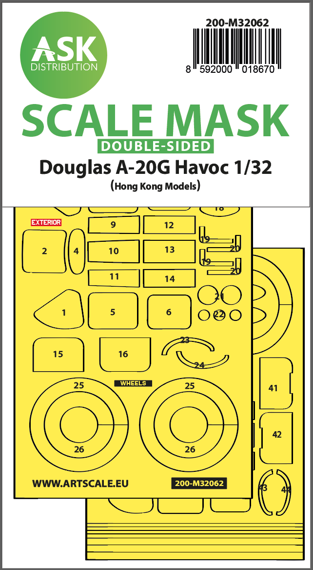 Douglas A-20G Havoc wheels and canopy frame paint mask (inside and outside) (designed to be used with Hong Kong Models kits)
