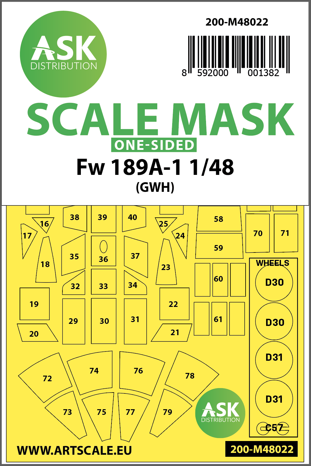 Focke-Wulf Fw-189A-1/Fw-189A-2 Kabuki wheels and canopy frame paint masks (outside only)(designed to be used with Great Wall Hobby kits)