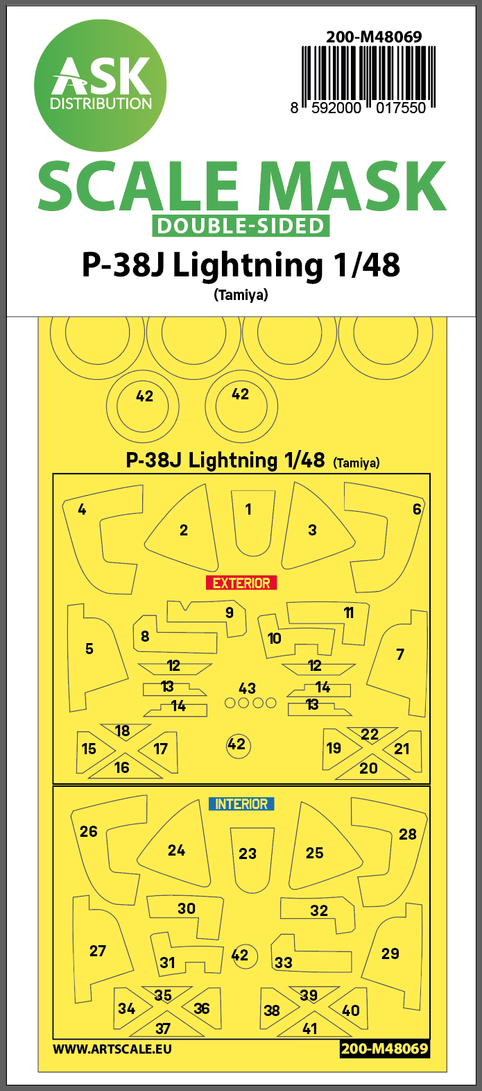 Lockheed P-38J Lightning wheels and canopy frame paint masks (inside and outside) (designed to be used with Tamiya kits)