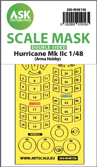 Hawker Hurricane Mk.IIc wheels and canopy frame paint mask (inside and outside) (designed to be used with Arma Hobby kits)
