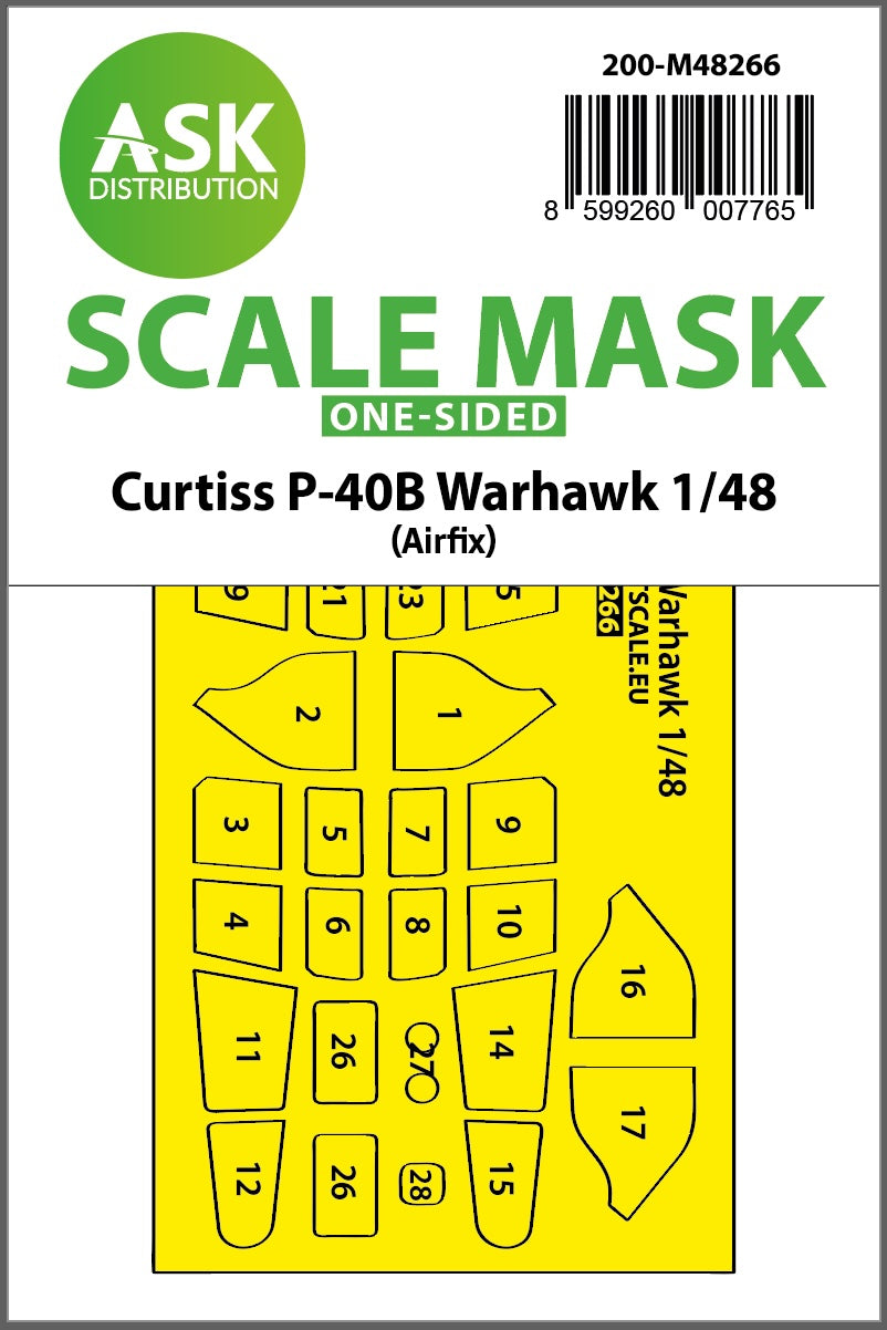 Curtiss P-40B Warhawk canopy frame paint mask (outside only) (designed to be used with Airfix kits)