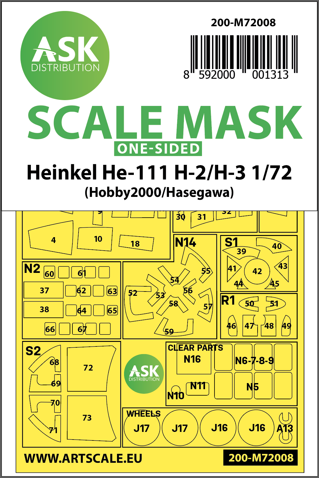 Heinkel He-111H-2/He-111H-3 wheels and canopy frame paint mask (outside only)(designed to be used with Hasegawa and Hobby 2000 kits)[He-111H-3]