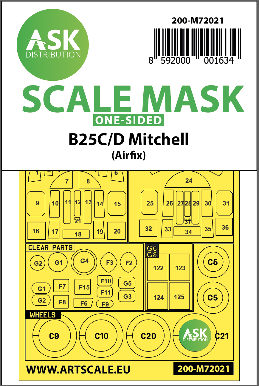 North-American B-25C/D Mitchell Kabuki wheels and canopy frame paint masks (outside only) (designed to be used with Airfix kits)