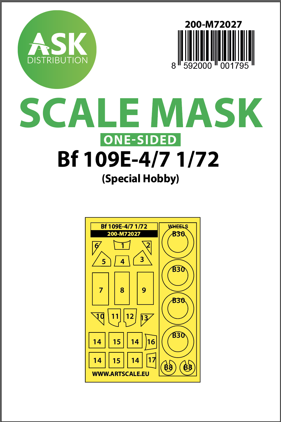 Messerschmitt Bf-109E-4/7 wheels and canopy frame paint mask (outside only) (designed to be used with Special Hobby kits) [Bf-109E-7]