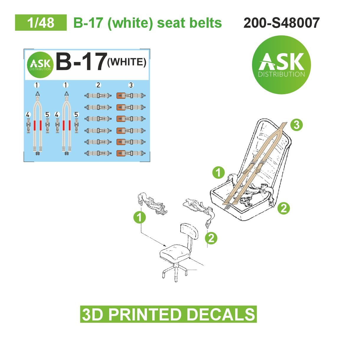 Boeing B-17 (white) pilot seat belts - 3D-printed decals plastic printed pilot seat belts.