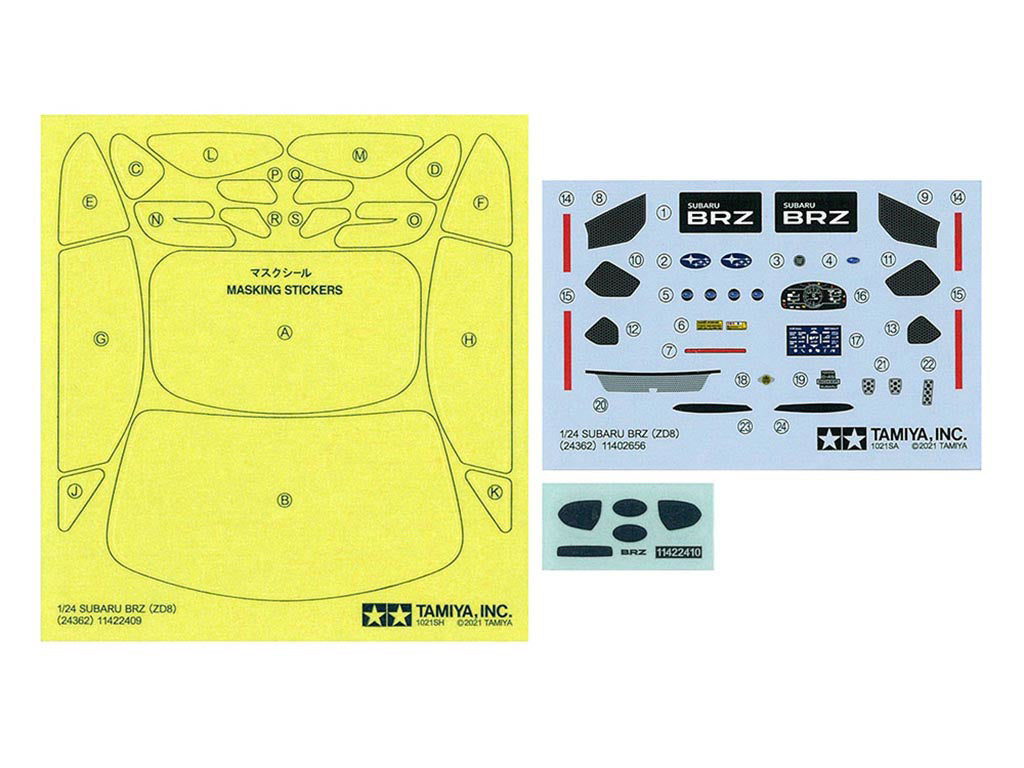 Set of model car stickers with Tamiya Inc. branding on a white background