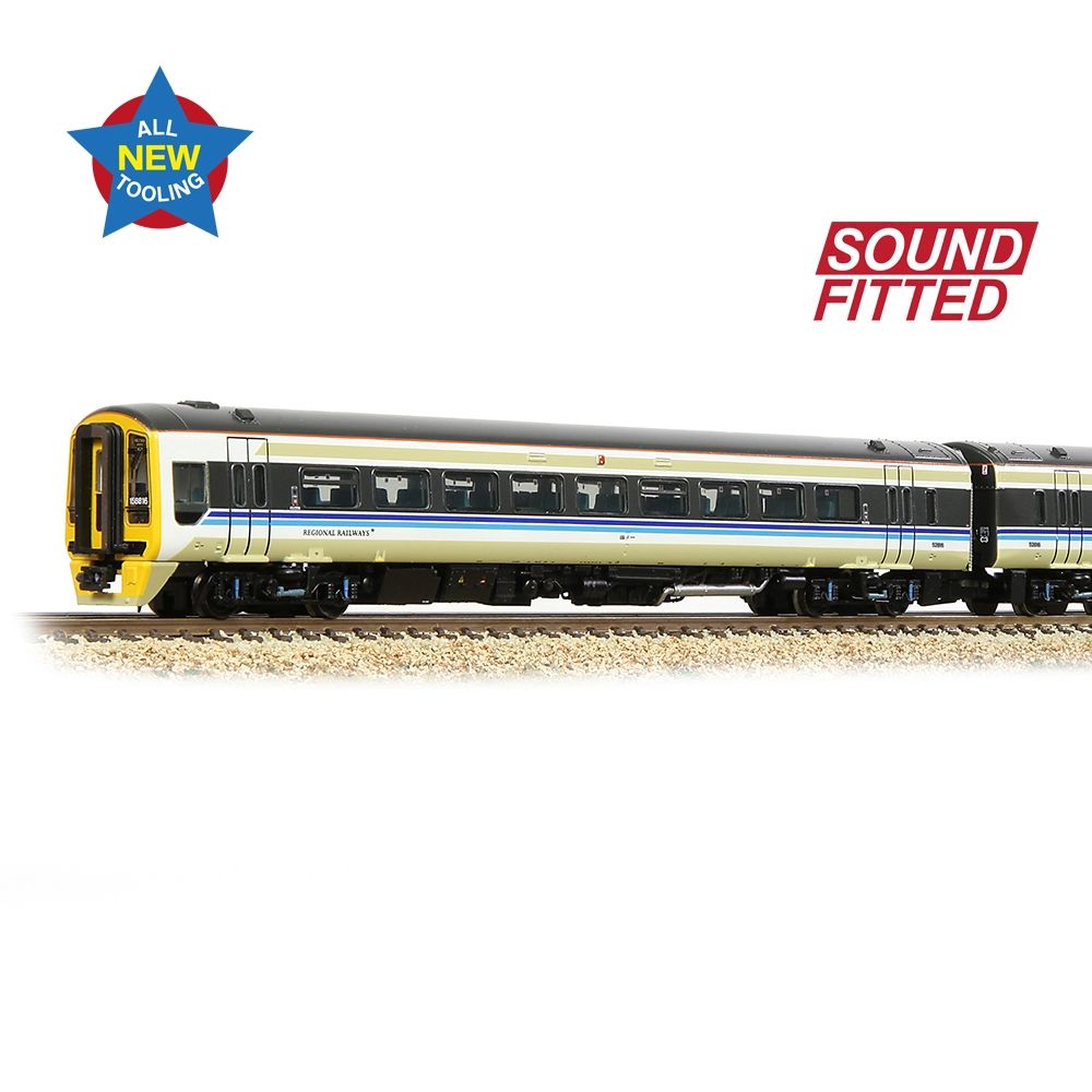 Model train on a track with 'All New Tooling' and 'Sound Fitted' text on a white background