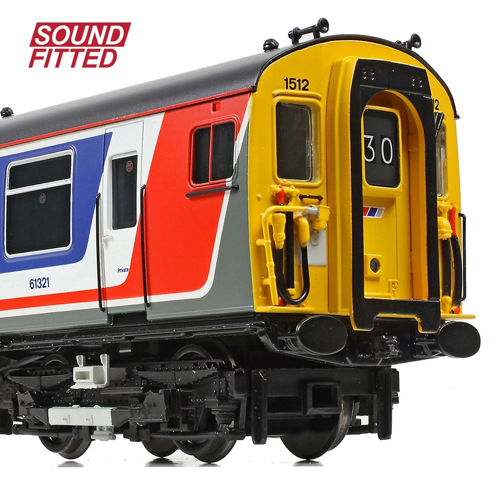 Model train with yellow door and red, white, and blue body on a white background