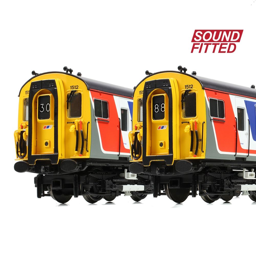 Model train set with yellow and red cars on a white background, featuring 'Sound Fitted' text.
