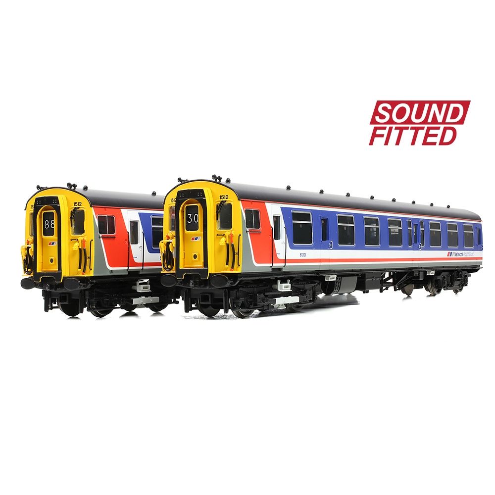 Model train set with 'Sound Fitted' label on a white background