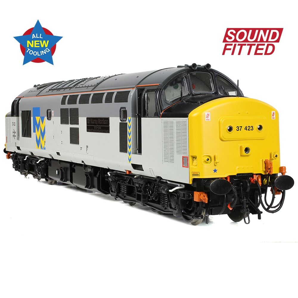 Model train with yellow front and gray body on a white background, featuring 'Sound Fitted' text.