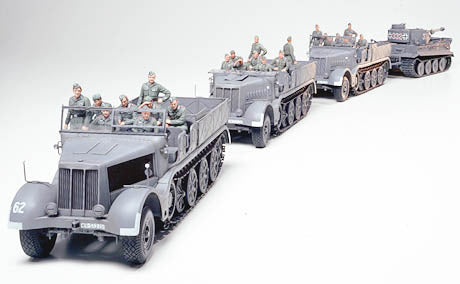 Tamiya German 18T Heavy Half Track model with soldiers, showcasing detailed vehicle design and historical accuracy.