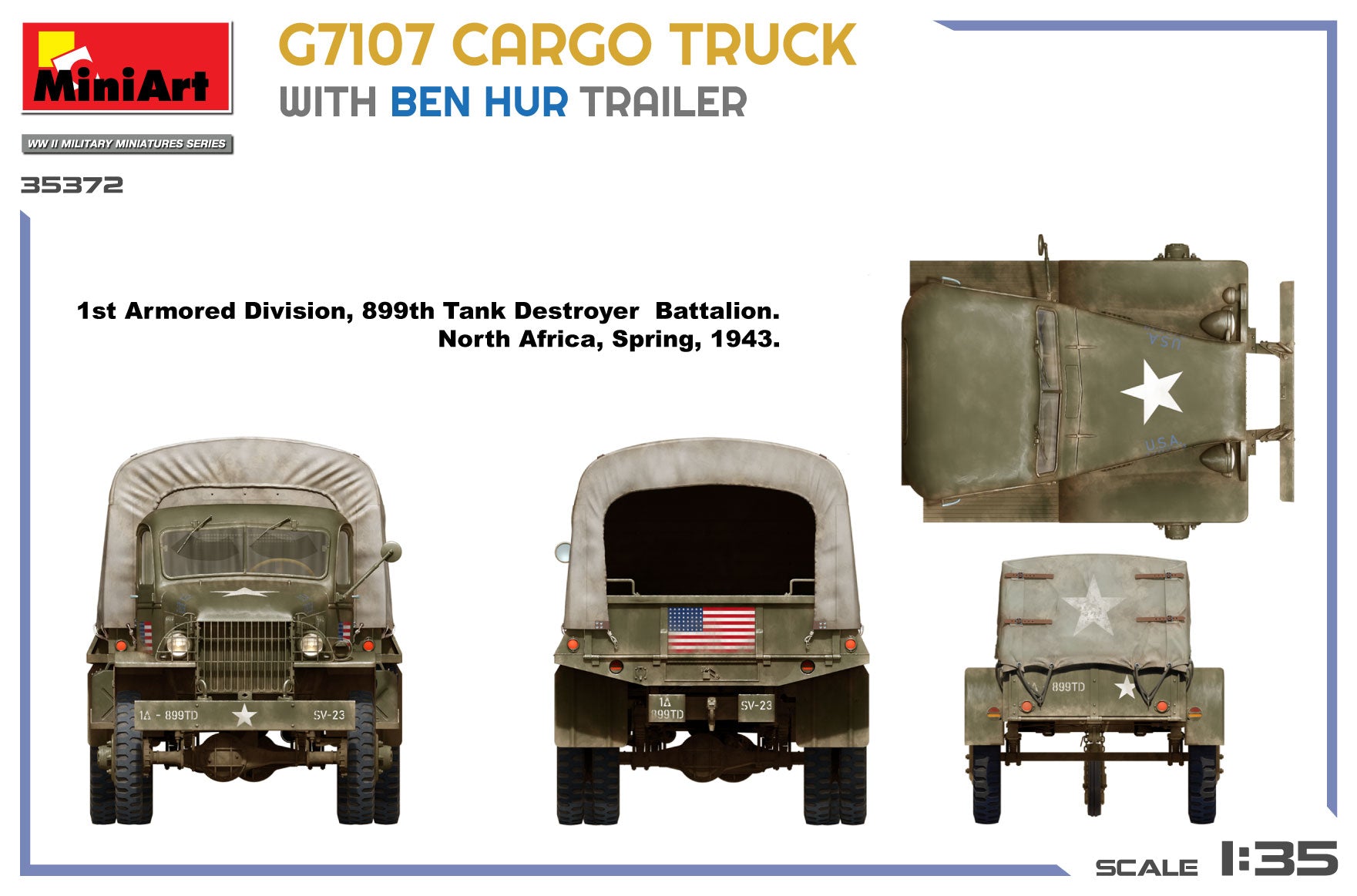 Model kit packaging for a MiniArt G7107 cargo truck with Ben Hur trailer, featuring a military vehicle from North Africa in 1943.