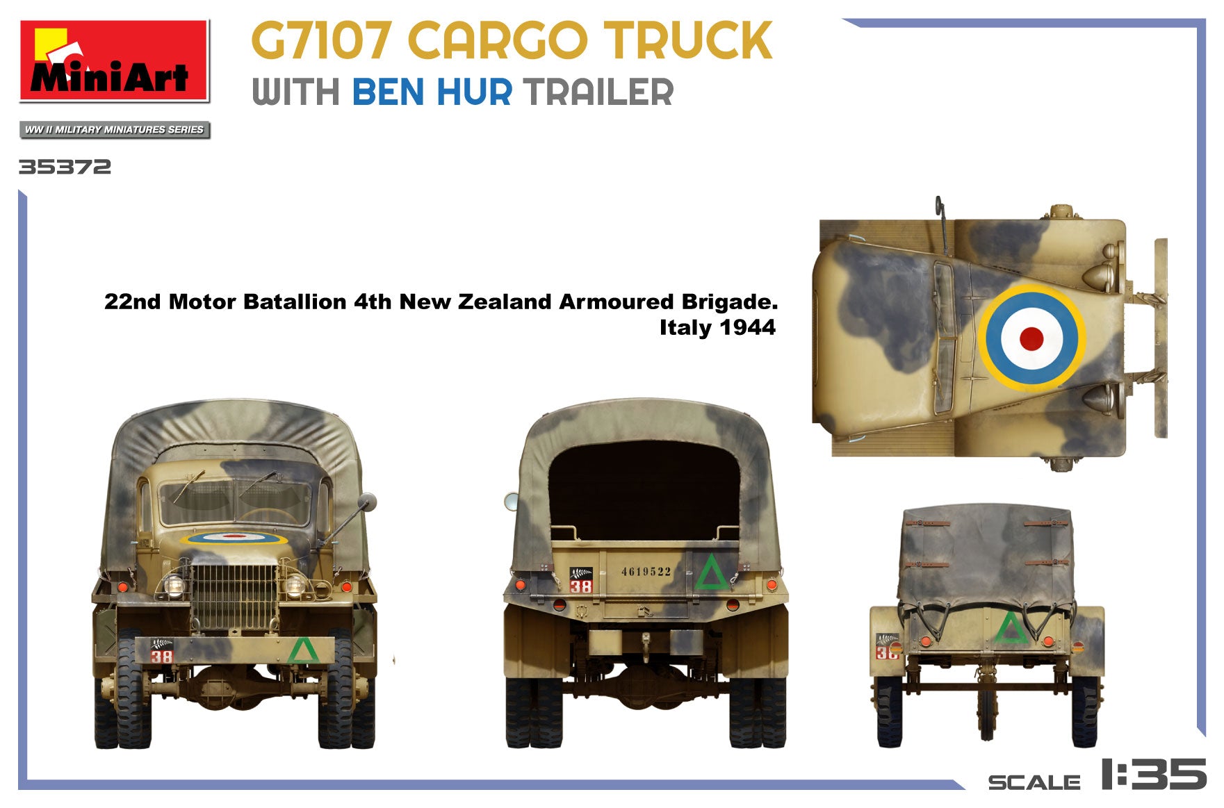 Model kit packaging for a cargo truck with Ben Hur trailer, featuring multiple views and details.