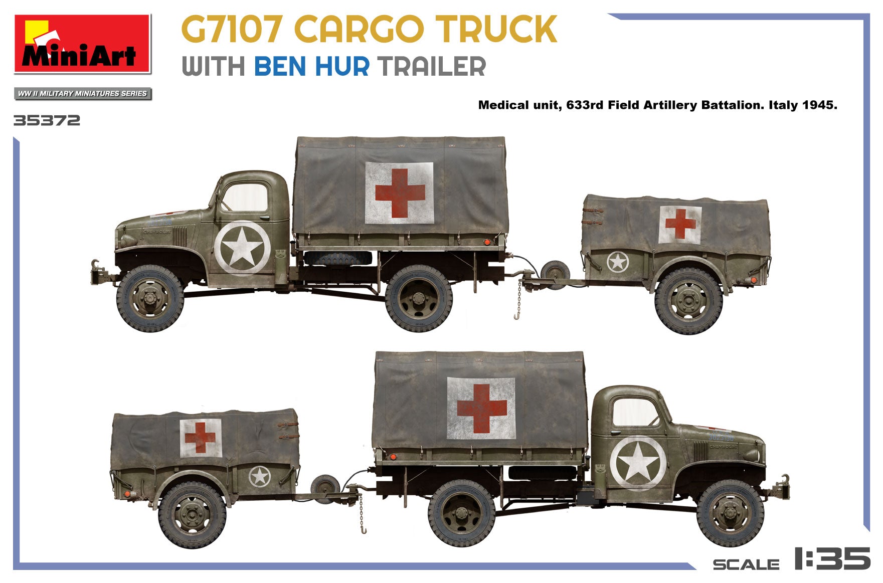 Model kit of a cargo truck with Ben Hur trailer on a blue background