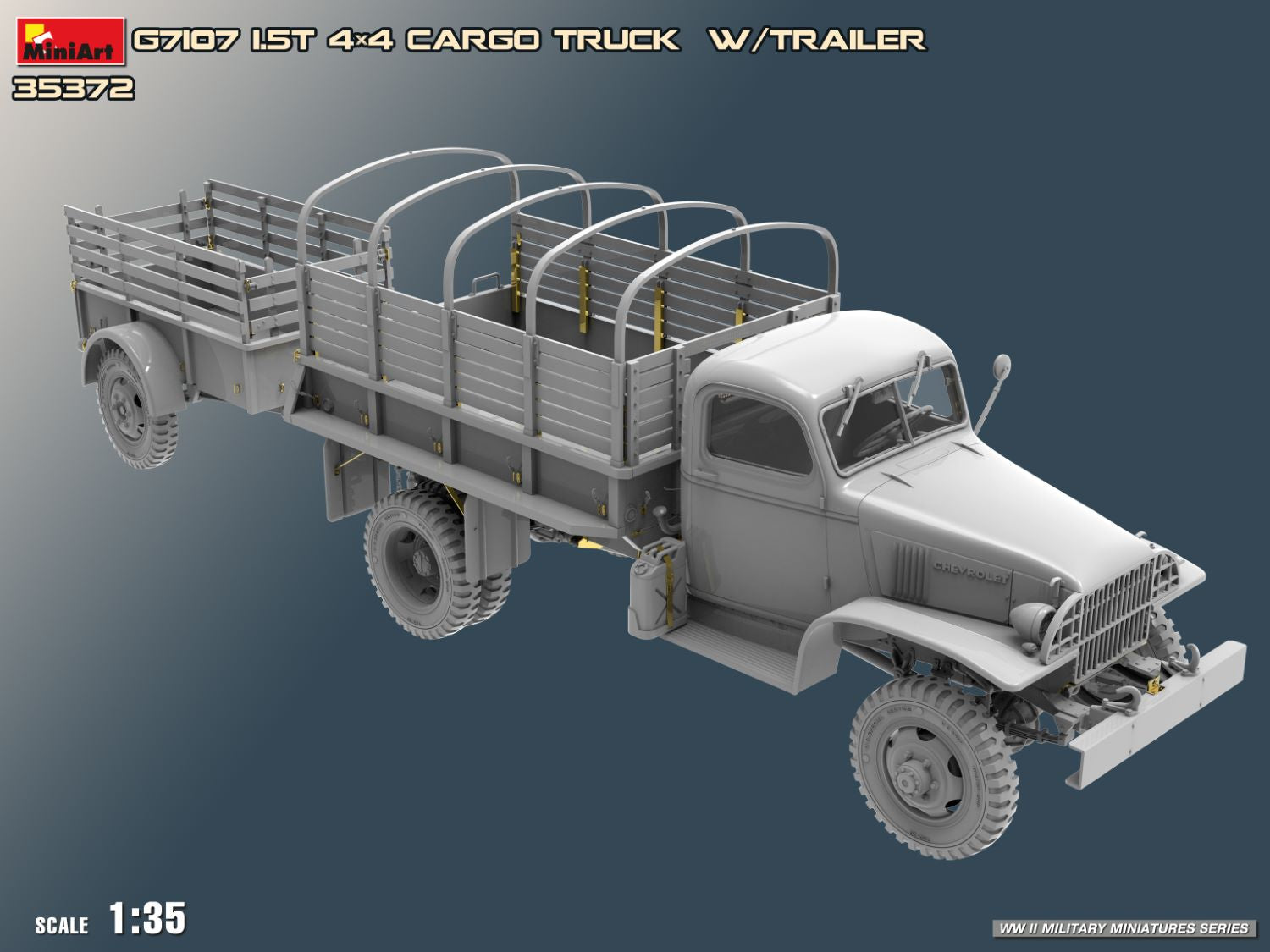 Model of a 1st 4x4 cargo truck with trailer on a gray background