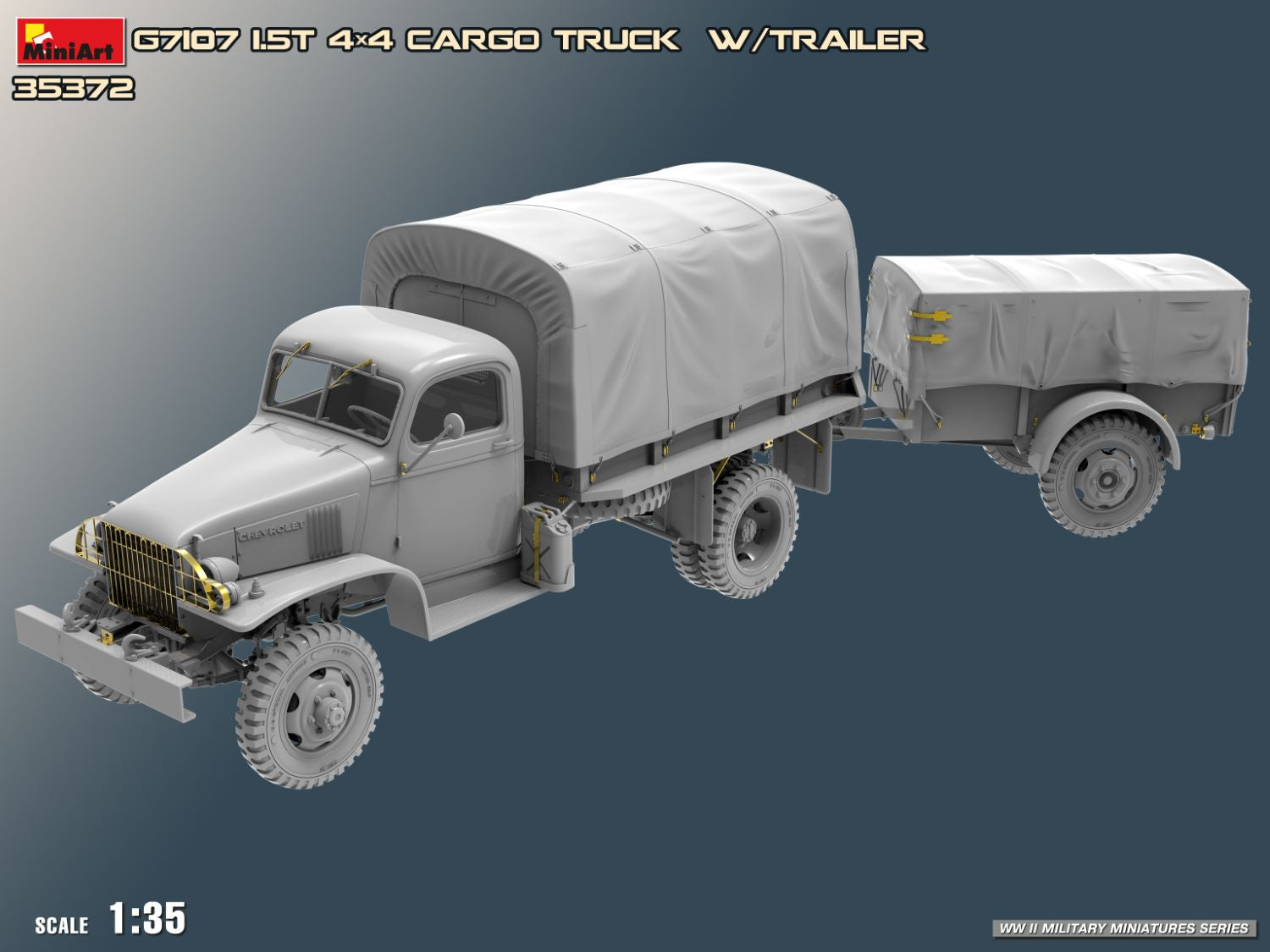 Model truck and trailer set on a gray background with MiniArt branding.