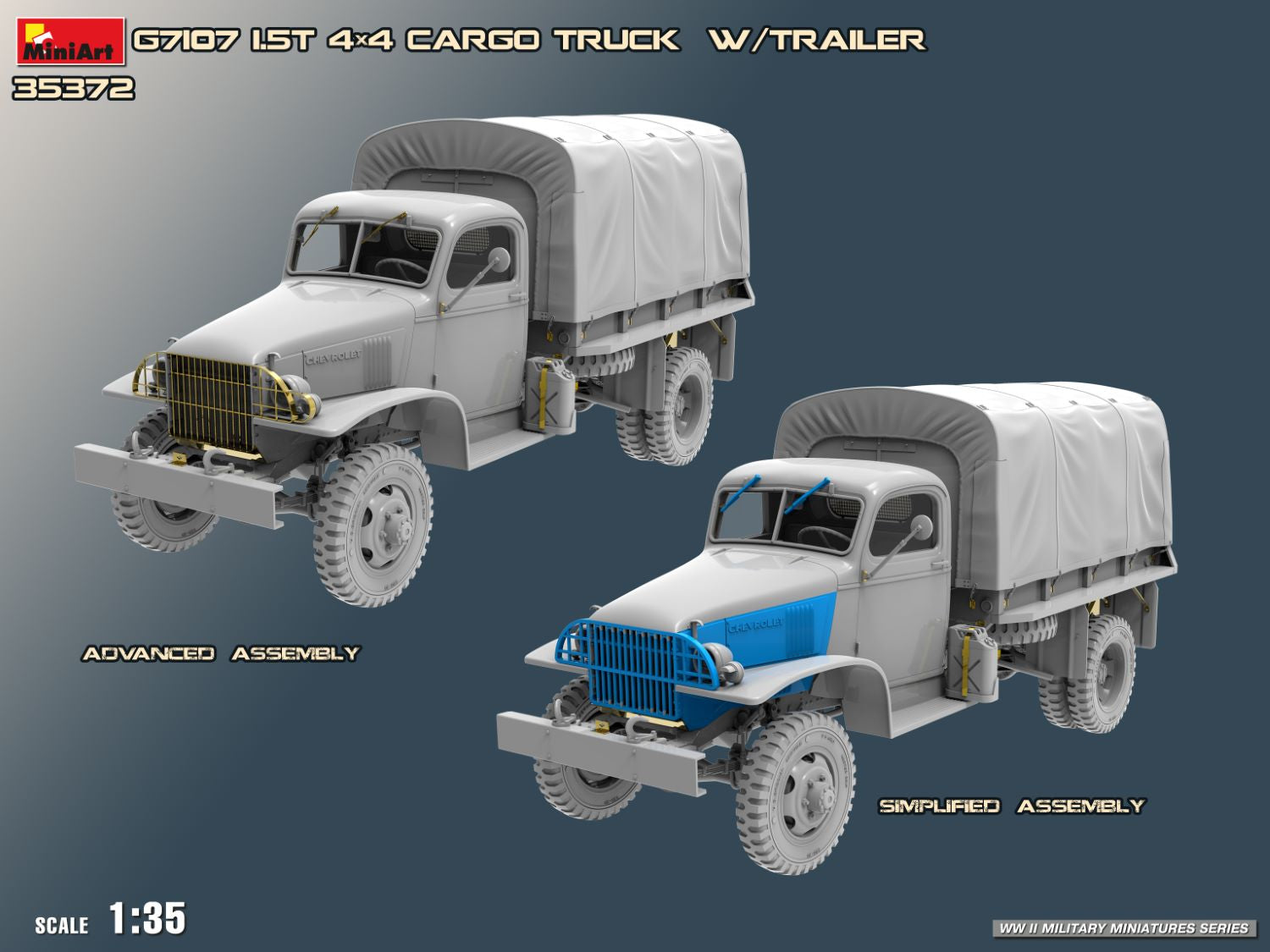Model kit of a cargo truck with trailer on a gray background