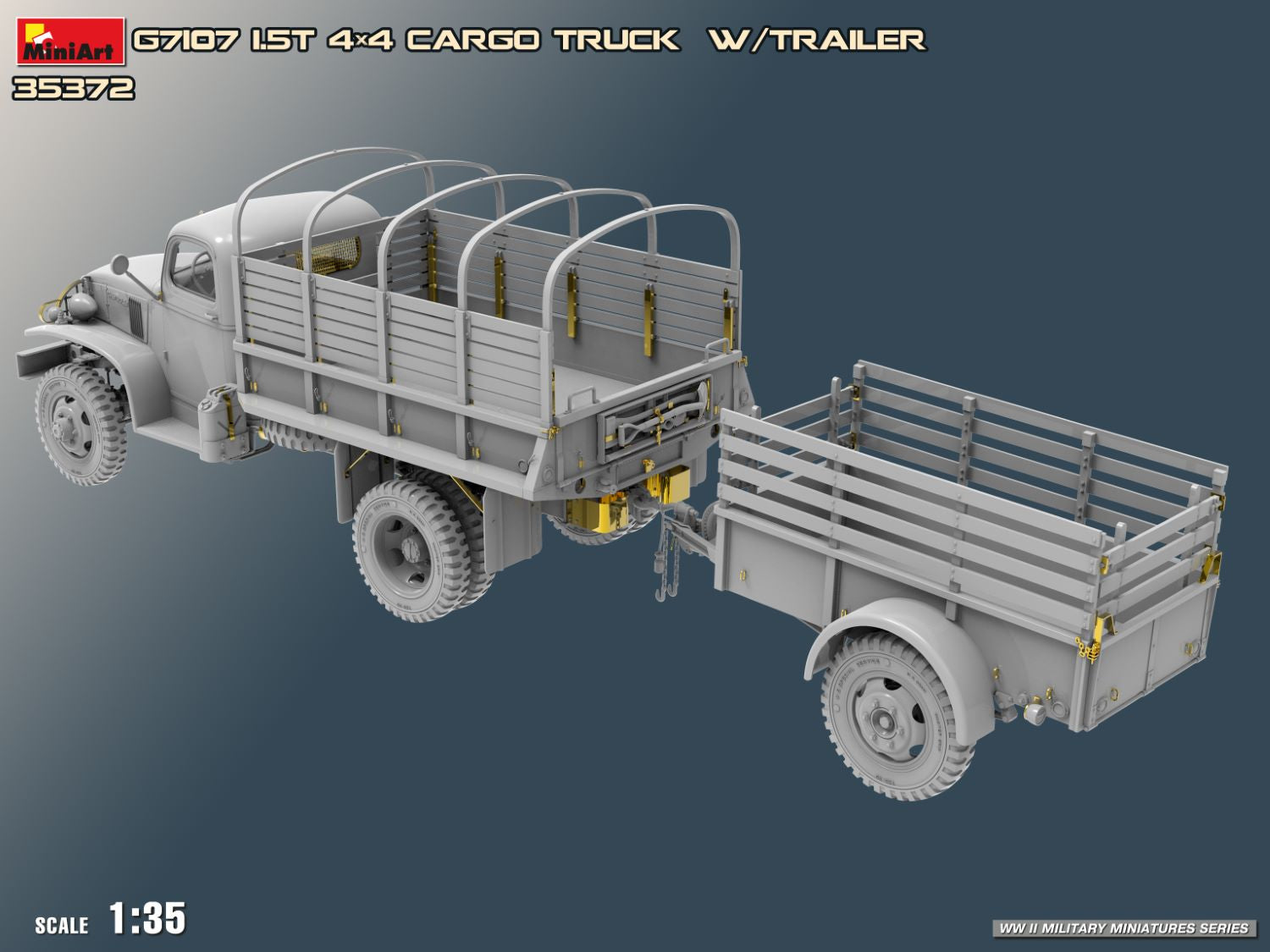 Model of a cargo truck with trailer on a gray background, featuring MiniArt branding.