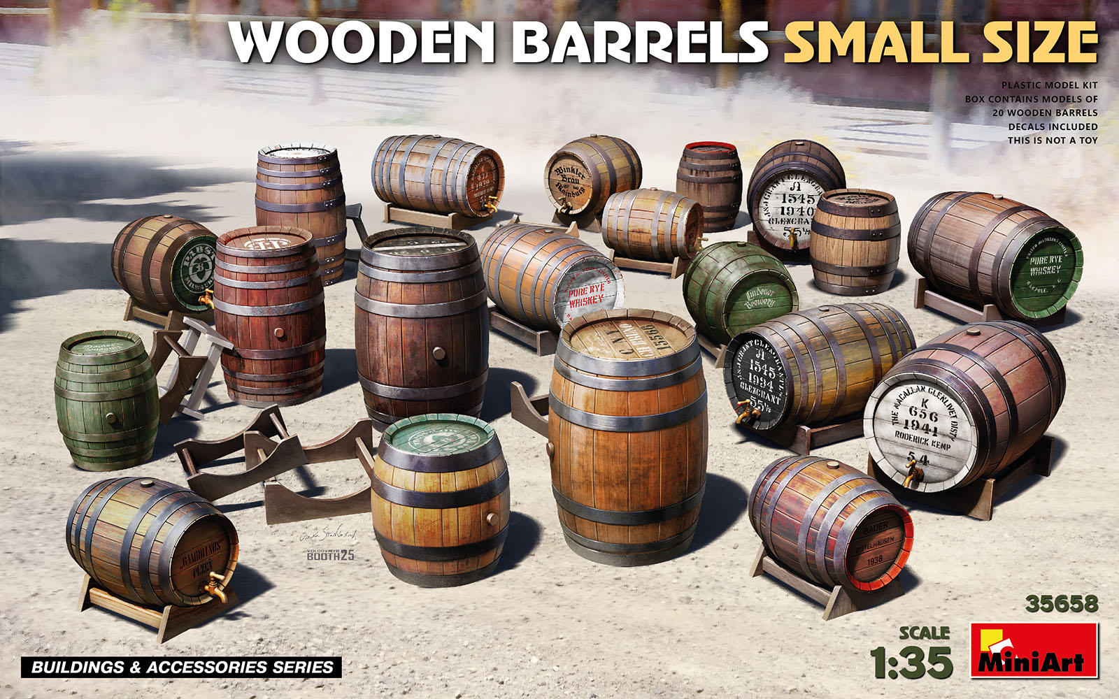 Model wooden barrels set on a flat surface with packaging text.