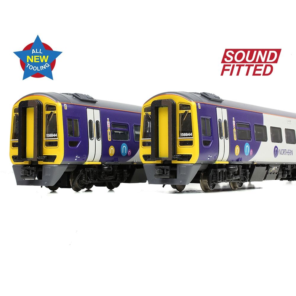 Two model trains with 'Sound Fitted' and 'All New Rolling Stock' labels on a white background.