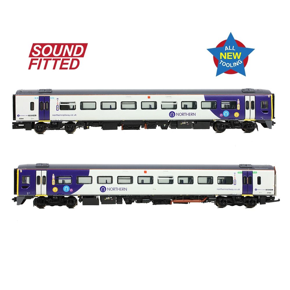 Model train set with 'Sound Fitted' and 'All New Tooling' labels on a white background