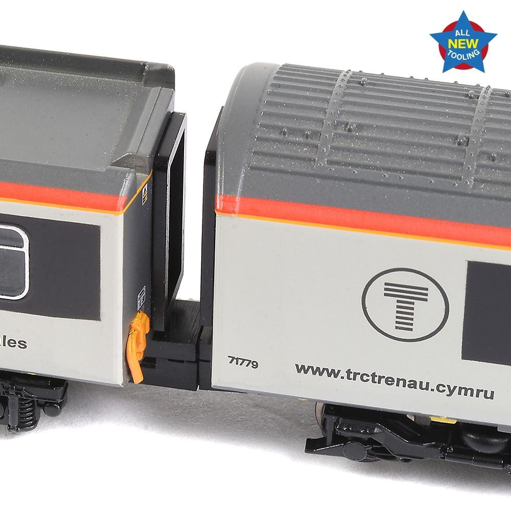 Model train car with a logo and text on a white background