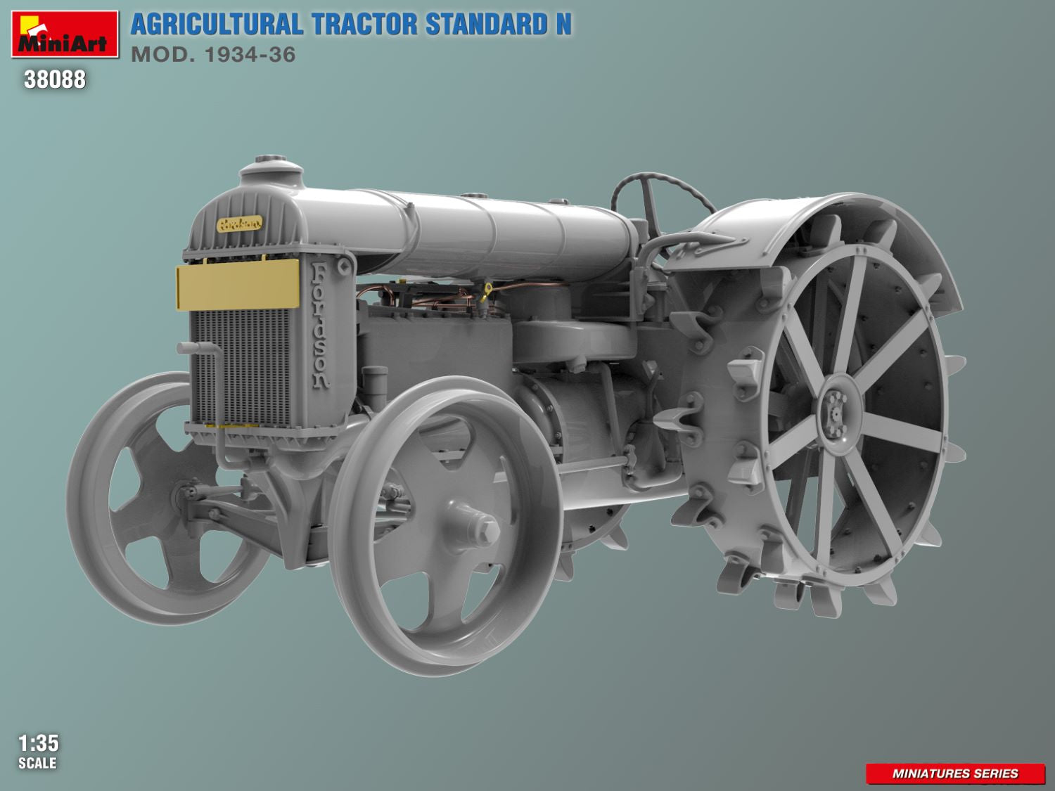 Model of an agricultural tractor on a gray background with branding and product details.