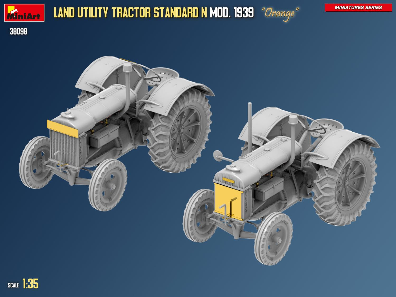 Model of a land utility tractor with 'Orange' branding on a blue background