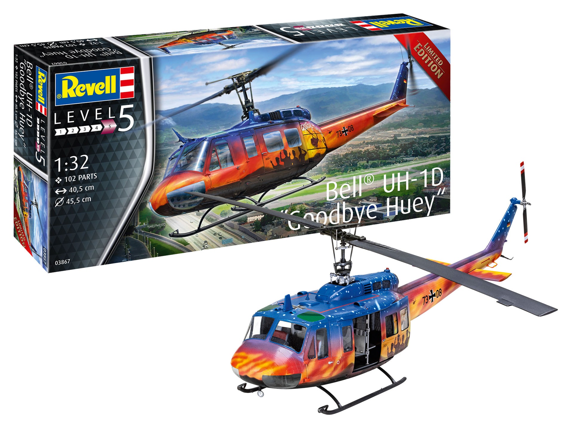 Goodbye Huey - Limited Bell® UH-1D model kit in 1:32 scale with pilot figure and elaborate decal!