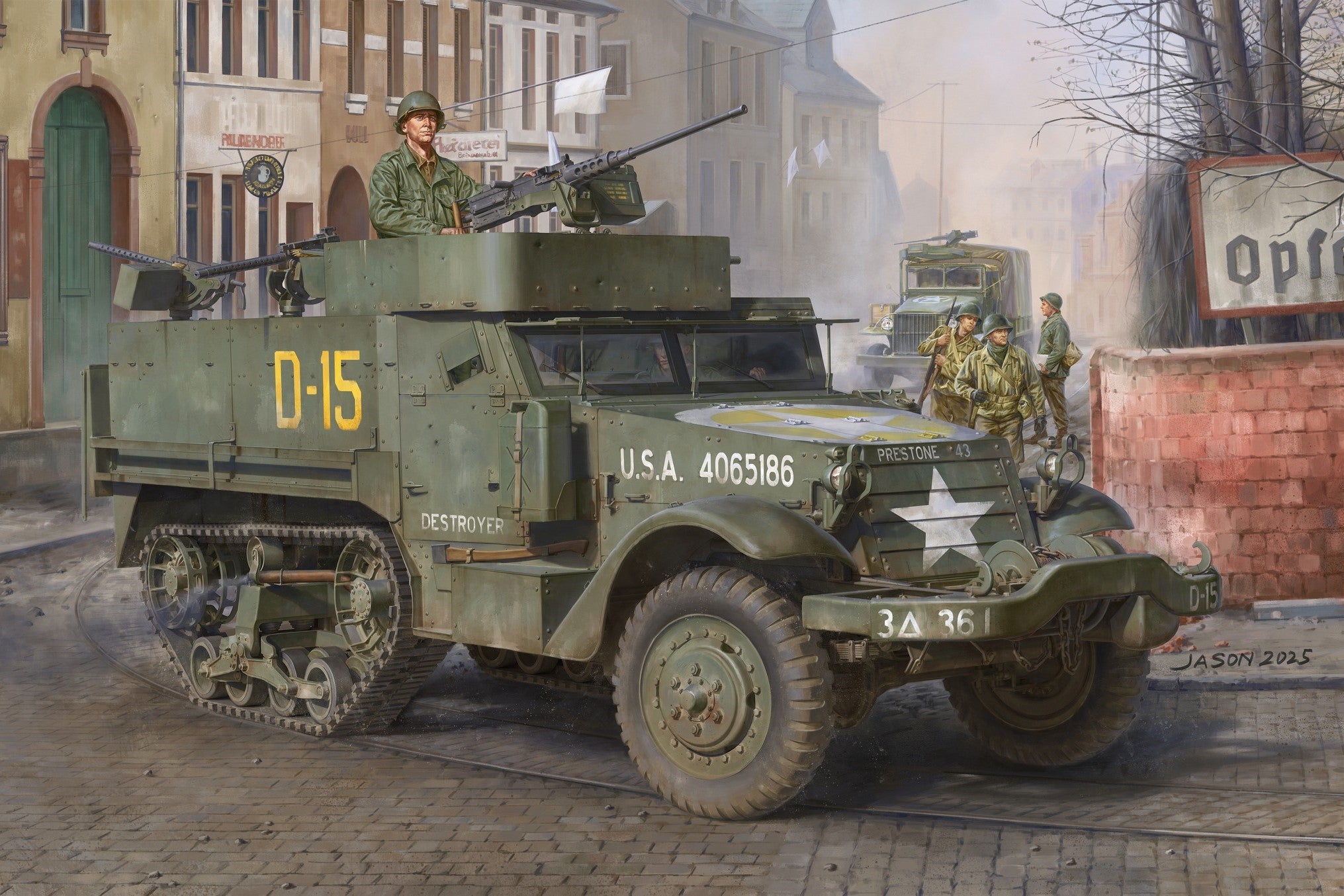 1/16 scale M3 M3A1 Halftrack model kit featuring a detailed vehicle with soldiers in a WWII setting.