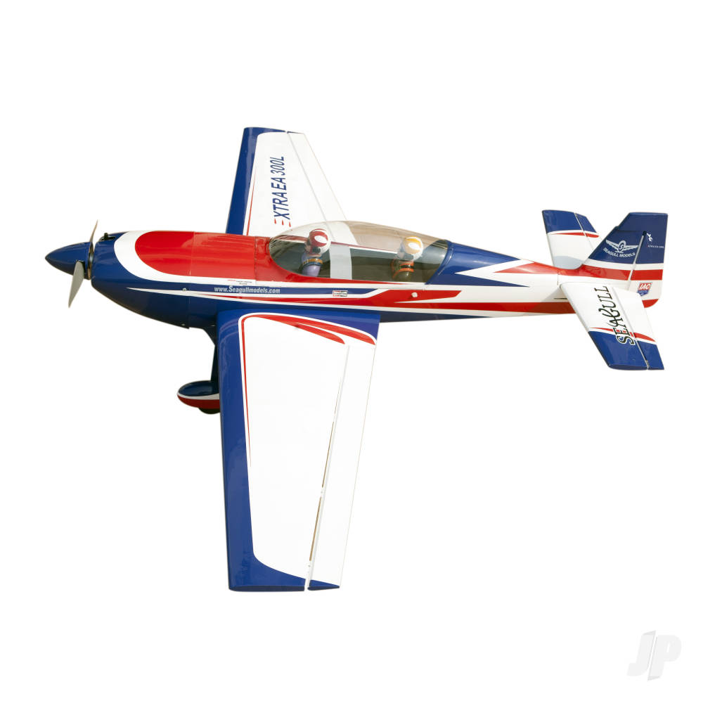 Seagull Extra EA 300L RC aircraft showcasing its vibrant red and blue design, ideal for aerobatic performances.
